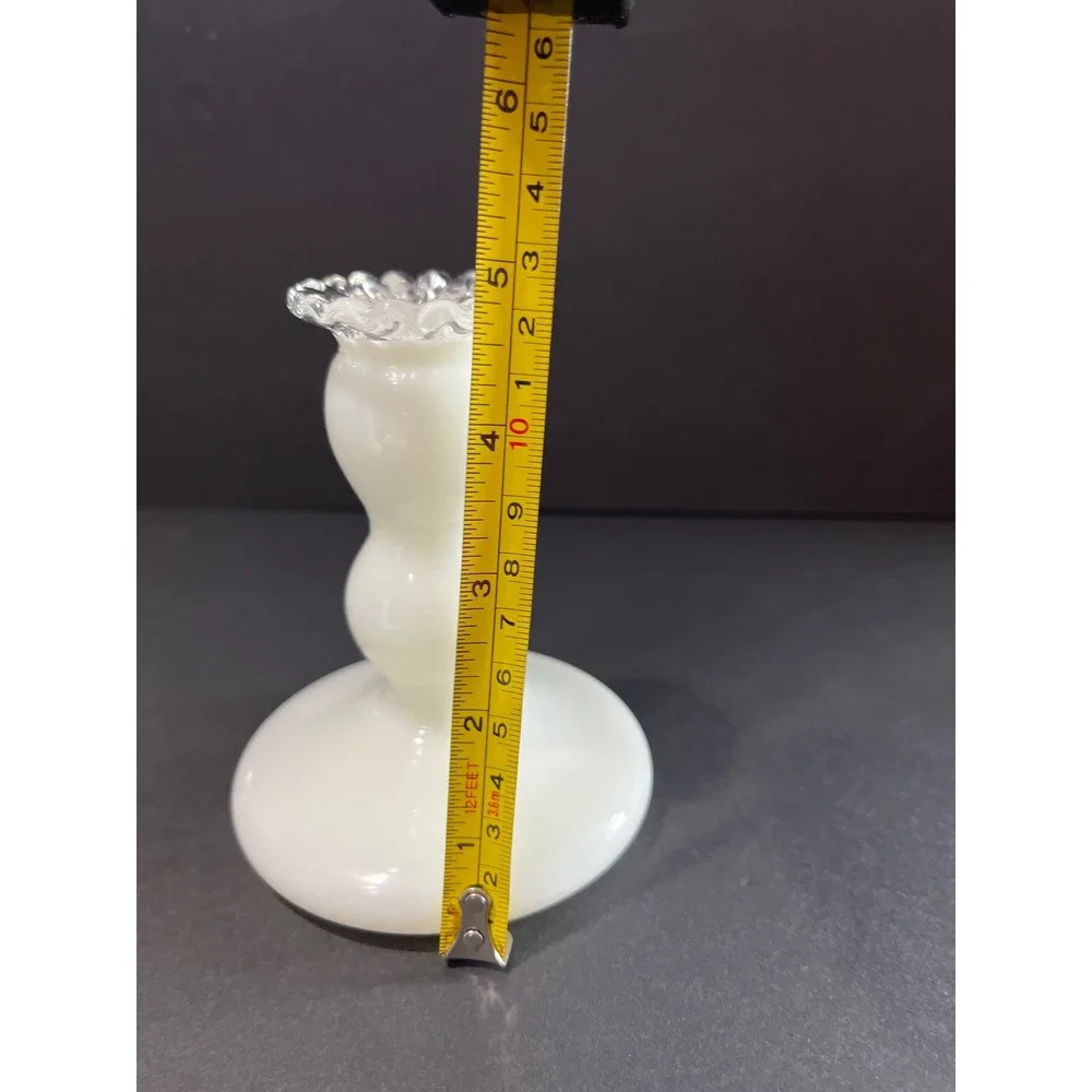 Vintage Fenton Milk Glass Candlestick Holders Pair Clear Ruffled Crest 4.5